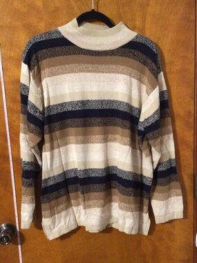 dressbarn Men's Striped Crewneck Sweater in Cream, Tan & Blue